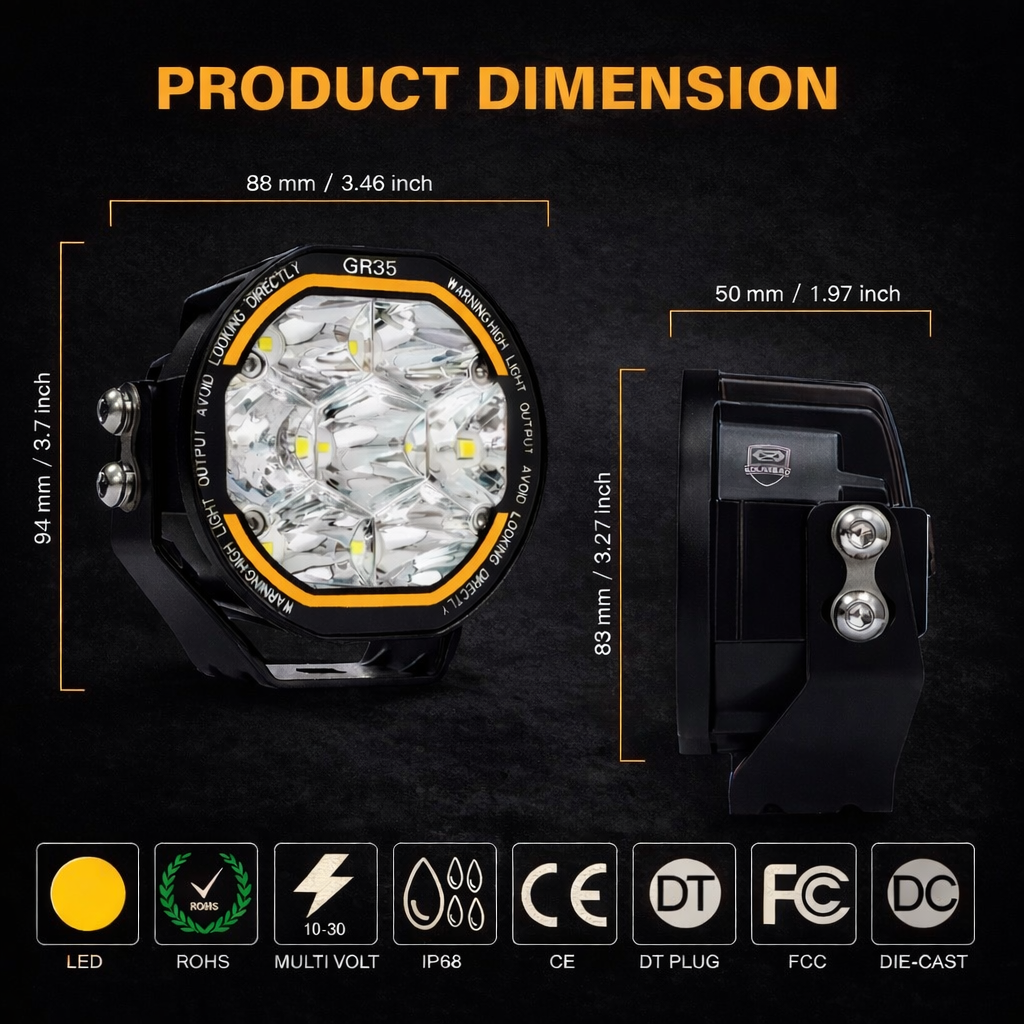 35W 3.5″ Heavy Duty LED Driving & Work Lights (Pair) White & Amber for Off-Road, 4x4 & Work Trucks